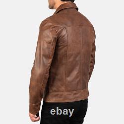 Cafe Racer Men's Leather Jacket Moto Brown Genuine Sheep skin Leather