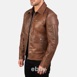 Cafe Racer Men's Leather Jacket Moto Brown Genuine Sheep skin Leather