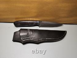 Carved Brand Damascus Field Knife With Sheath And Blue Burl Handle