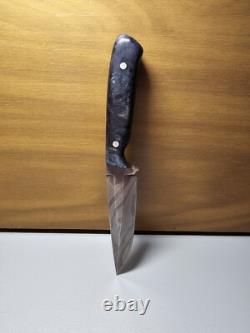 Carved Brand Damascus Field Knife With Sheath And Blue Burl Handle