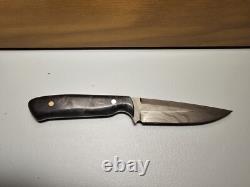 Carved Brand Damascus Field Knife With Sheath And Blue Burl Handle