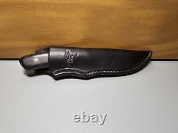 Carved Brand Damascus Field Knife With Sheath And Blue Burl Handle