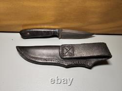 Carved Brand Damascus Field Knife With Sheath And Blue Burl Handle