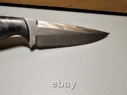 Carved Brand Damascus Field Knife With Sheath And Blue Burl Handle