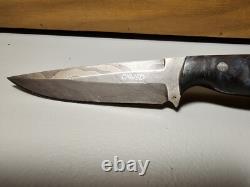 Carved Brand Damascus Field Knife With Sheath And Blue Burl Handle