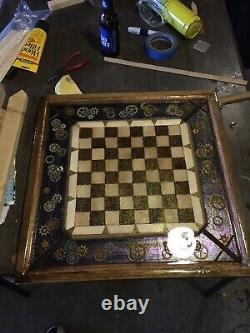 Chess board, Hand Made Wood And Poly resin Poured, Gears, Clock Gears, Timing