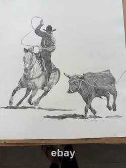 Cowboy Roping Steer Drawing Western Horse Art Signed M Murphy