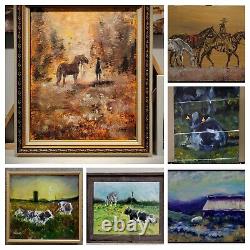 Cows Painting Impressionism Sunny Landscape 14x18 Canvas Signed Framed varnish