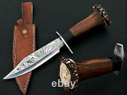 Custom Beautiful eTched D2 Steel 15 bowie Knife antler deer WOOD handle