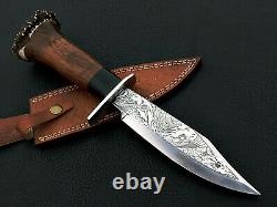 Custom Beautiful eTched D2 Steel 15 bowie Knife antler deer WOOD handle