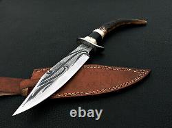 Custom Handmade Beautiful eTched D2 Steel 15 bowie Knife antler deer handle