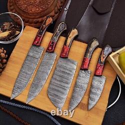 Custom Handmade Damascus Steel Chef Knife Kitchen Knives Set with Leather Bag