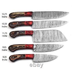 Custom Handmade Damascus Steel Chef Knife Kitchen Knives Set with Leather Bag