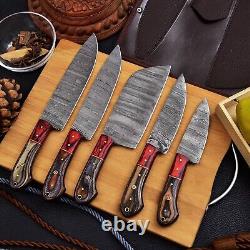 Custom Handmade Damascus Steel Chef Knife Kitchen Knives Set with Leather Bag