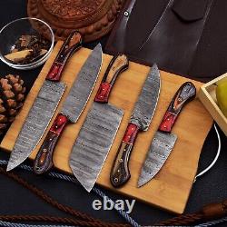 Custom Handmade Damascus Steel Chef Knife Kitchen Knives Set with Leather Bag