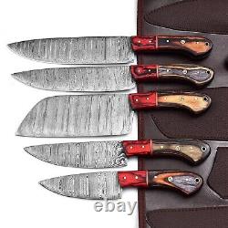 Custom Handmade Damascus Steel Chef Knife Kitchen Knives Set with Leather Bag