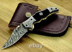 Custom Handmade Forged Damascus Steel Edc Pocket Folding Blade Knife + Sheath