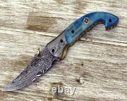 Custom Handmade Forged Damascus Steel Edc Pocket Folding Blade Knife + Sheath