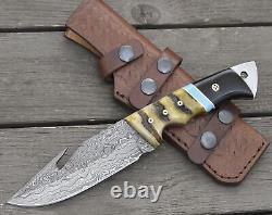Custom Handmade Forged Damascus Steel Hunting Gut Hook Fix Blade Knife + Sheath