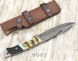 Custom Handmade Forged Damascus Steel Hunting Gut Hook Fix Blade Knife + Sheath