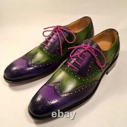 Custom Made Purple and Green Leather Oxford Wingtip Lace Up Dress Gentlemen Shoe
