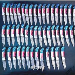 Damascus Handmade Folding knife Texas Flag Handle Pocket Knife with Pouch 50 Pcs
