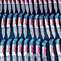 Damascus Handmade Folding knife Texas Flag Handle Pocket Knife with Pouch 50 Pcs