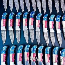 Damascus Handmade Folding knife Texas Flag Handle Pocket Knife with Pouch 50 Pcs