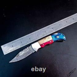 Damascus Handmade Folding knife Texas Flag Handle Pocket Knife with Pouch 50 Pcs
