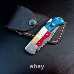Damascus Handmade Folding knife Texas Flag Handle Pocket Knife with Pouch 50 Pcs Damascus Handmade Folding knife Texas Flag Handle Pocket Knife with Pouch 50 Pcs