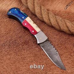 Damascus Handmade Folding knife Texas Flag Handle Pocket Knife with Pouch 50 Pcs