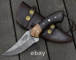 Damascus knife skinning tactical camping utility hunting knives handmade leather