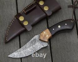 Damascus knife skinning tactical camping utility hunting knives handmade leather