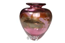 Edward Roman Hand Blown Glass Vase Art Nouveau Signed Pink Wine Gold Canada Gilt