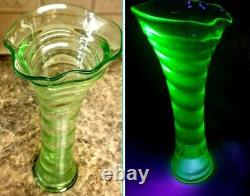 Fenton # 1530 Ring Optic Swung Vase Uranium Fenton Vase Rare Green & She glows