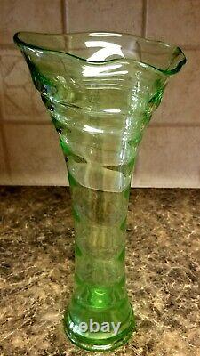 Fenton # 1530 Ring Optic Swung Vase Uranium Fenton Vase Rare Green & She glows