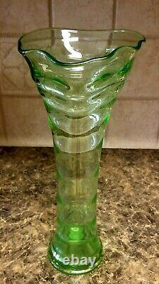 Fenton # 1530 Ring Optic Swung Vase Uranium Fenton Vase Rare Green & She glows