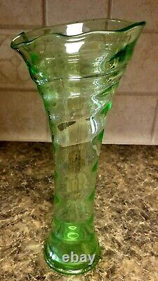 Fenton # 1530 Ring Optic Swung Vase Uranium Fenton Vase Rare Green & She glows