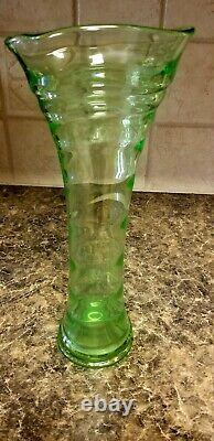 Fenton # 1530 Ring Optic Swung Vase Uranium Fenton Vase Rare Green & She glows