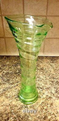 Fenton # 1530 Ring Optic Swung Vase Uranium Fenton Vase Rare Green & She glows