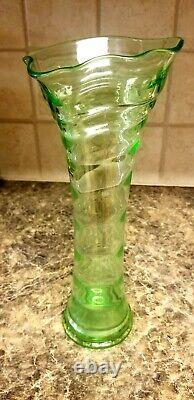 Fenton # 1530 Ring Optic Swung Vase Uranium Fenton Vase Rare Green & She glows