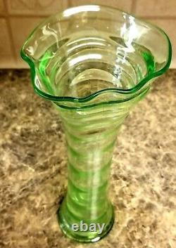 Fenton # 1530 Ring Optic Swung Vase Uranium Fenton Vase Rare Green & She glows