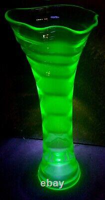 Fenton # 1530 Ring Optic Swung Vase Uranium Fenton Vase Rare Green & She glows