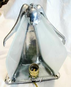 Frankart butterfly nymph art deco table lamp 1 tone polished aluminum/glass USA