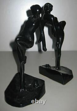 Frankart nymph with frog bookends art deco in black 10 tall metal a pair USA