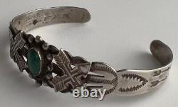 Fred Harvey Era Navajo Turquoise Signed Coin Silver Arrow Cuff Bracelet