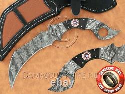 Full Tang Handmade Big Damascus Karambit Knife USA Shield Mosaic Pin DKK720