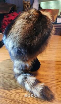 Fur Hat Racoon Whole Skin withRemovable Knit Liner Sz L to XL EUC Hand Made in USA