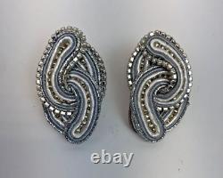 Grey soutache earrings silver color beads glass hand made USA $120
