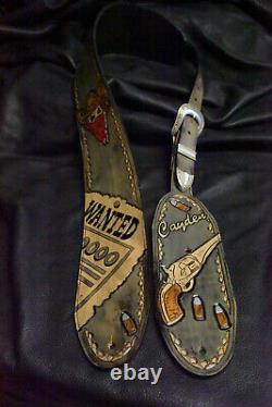 Guitar strap leather tooled all hand made in USA 3.5 Outlaw series Wanted 7